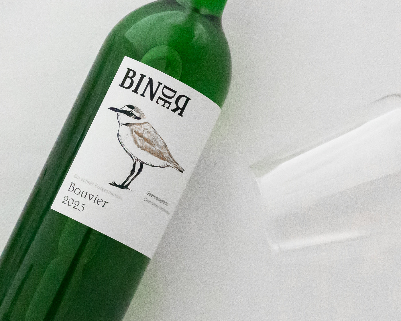 Bouvier vom Weingut Binder aus Mörbisch am See, Neusiedlersee, Burgenland, Österreich. Auf der Etikette der Weinflasche ein Seeregenpfeifer.