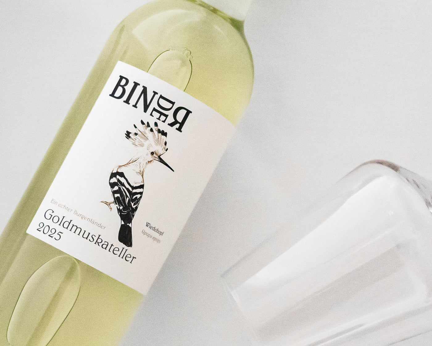 Goldmuskateller vom Weingut Binder aus Mörbisch am See, Neusiedlersee, Burgenland, Österreich. Trockener Weißwein. Auf der Etikette der Weinflasche ein Wiedehopf.