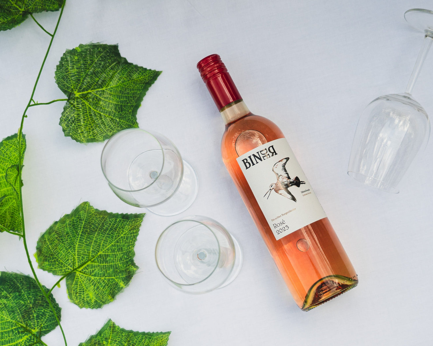 Rosé vom Weingut Binder aus Mörbisch am See, Neusiedlersee, Burgenland, Österreich. Auf der Etikette der Weinflasche eine Uferschnepfe.