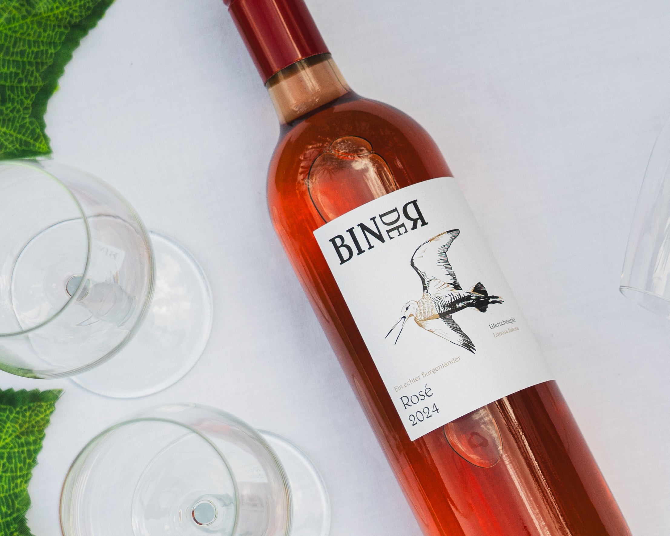 Rosé vom Weingut Binder aus Mörbisch am See, Neusiedlersee, Burgenland, Österreich. Auf der Etikette der Weinflasche eine Uferschnepfe.