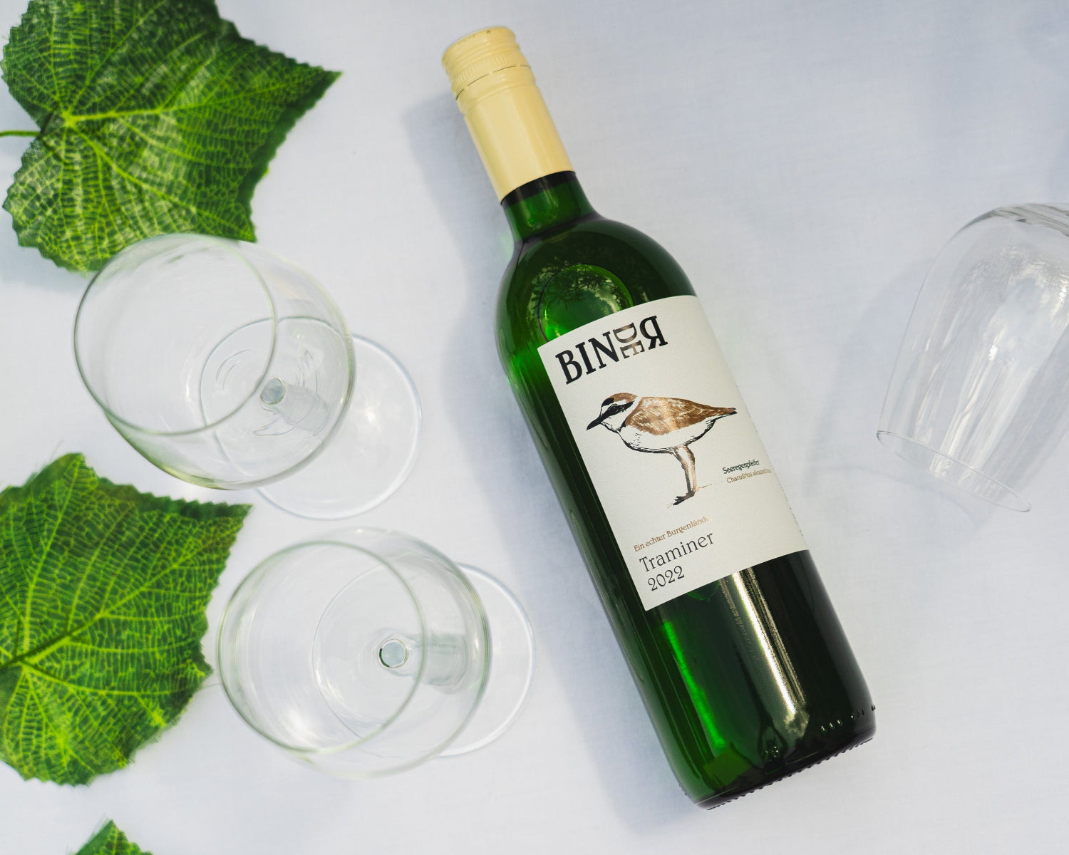 Traminer vom Weingut Binder aus Mörbisch am See, Neusiedlersee, Burgenland, Österreich. Auf der Etikette der Weinflasche ein Seeregenpfeifer.