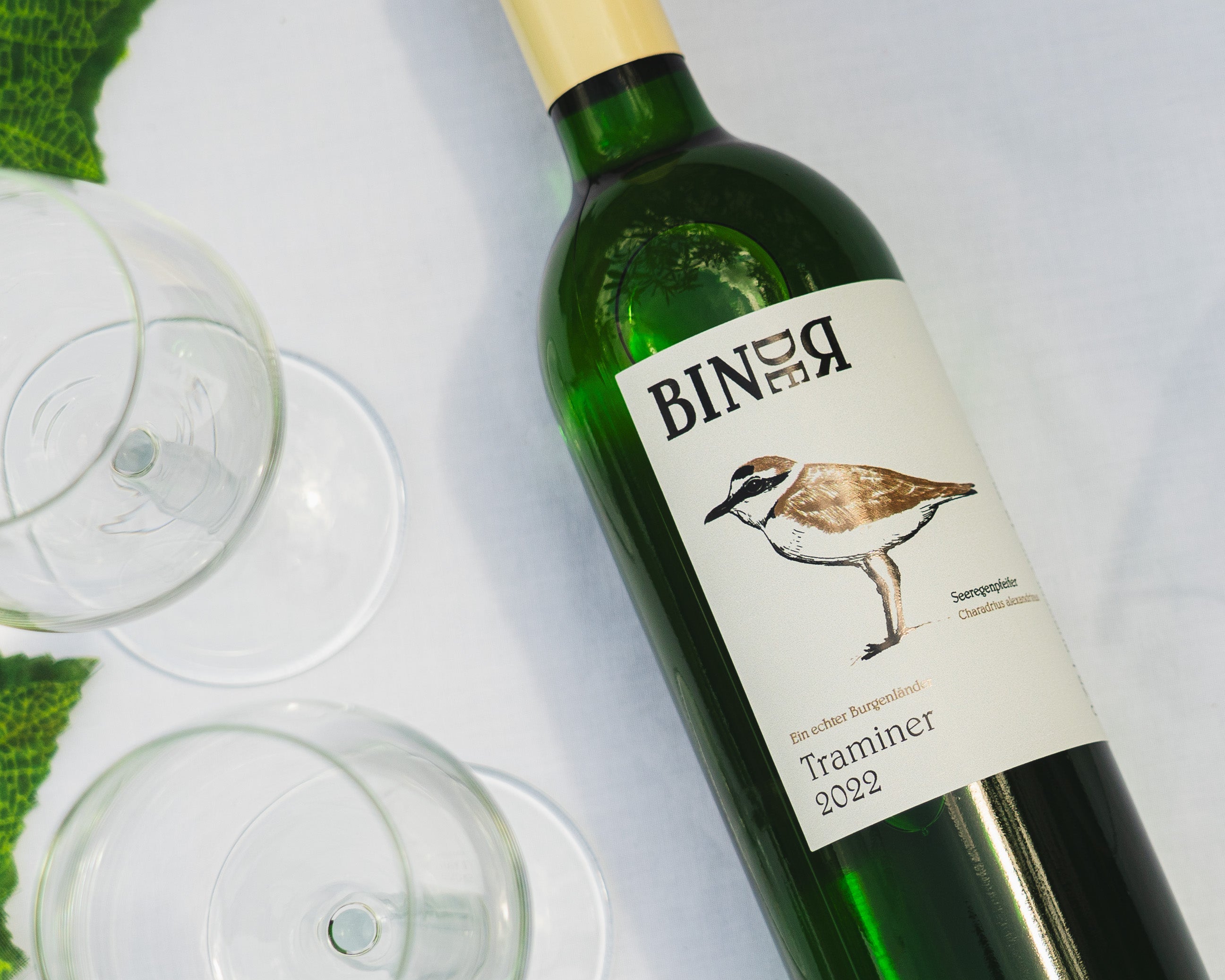 Traminer vom Weingut Binder aus Mörbisch am See, Neusiedlersee, Burgenland, Österreich. Auf der Etikette der Weinflasche ein Seeregenpfeifer.