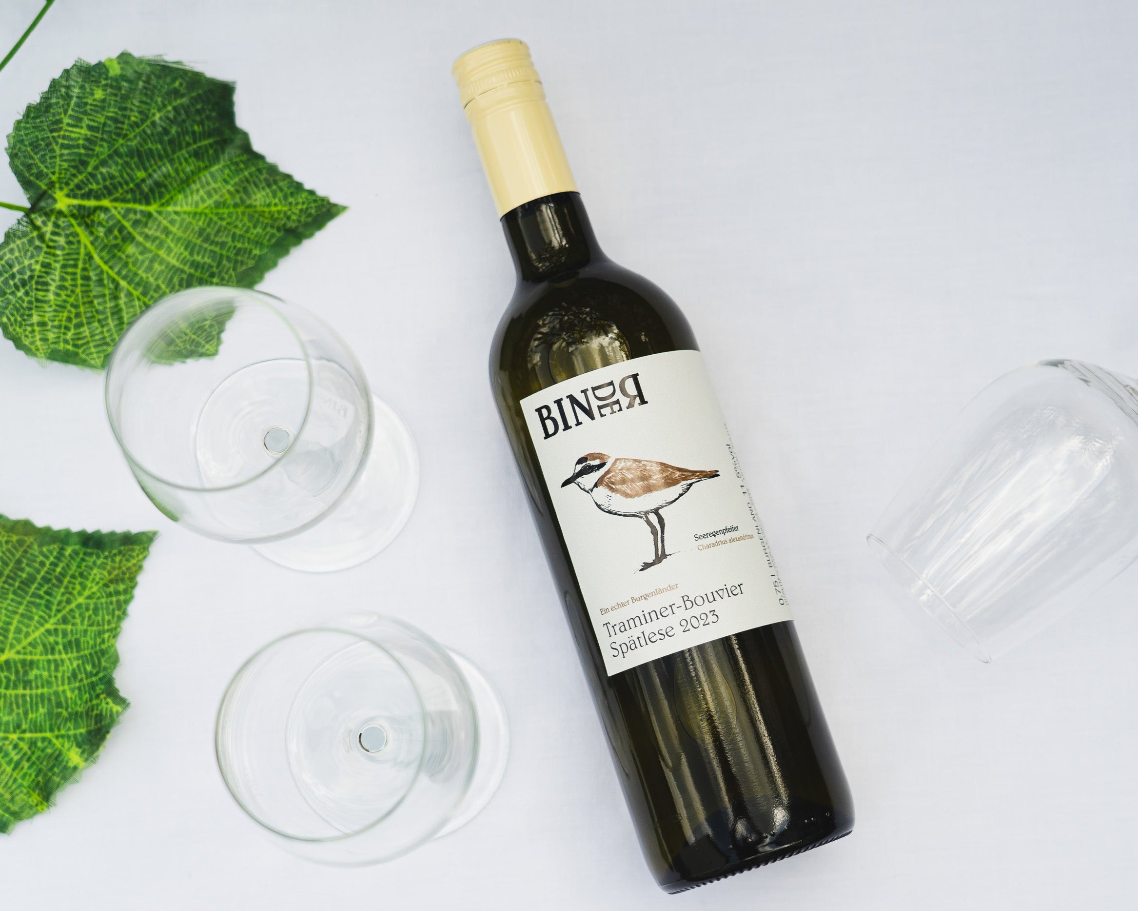 Traminer Bouvier Spätlese vom Weingut Binder aus Mörbisch am See, Neusiedlersee, Burgenland, Österreich. Auf der Etikette der Weinflasche ein Seeregenpfeifer.