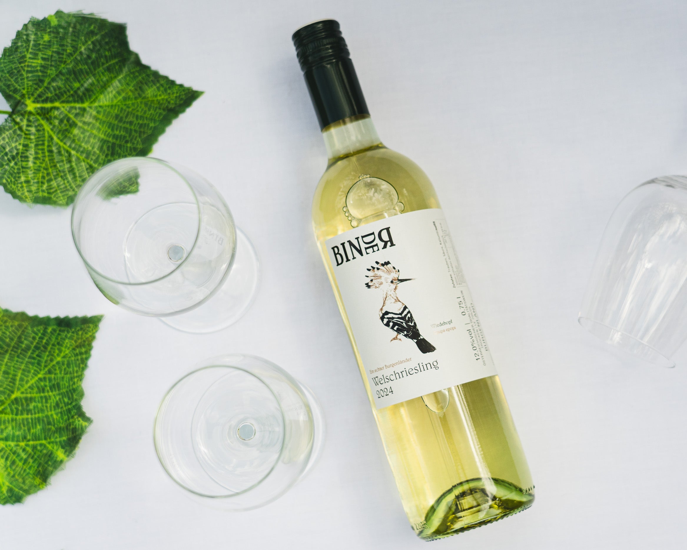 Welschriesling vom Weingut Binder aus Mörbisch am See, Neusiedlersee, Burgenland, Österreich. Auf der Etikette der Weinflasche ein Wiedehopf.