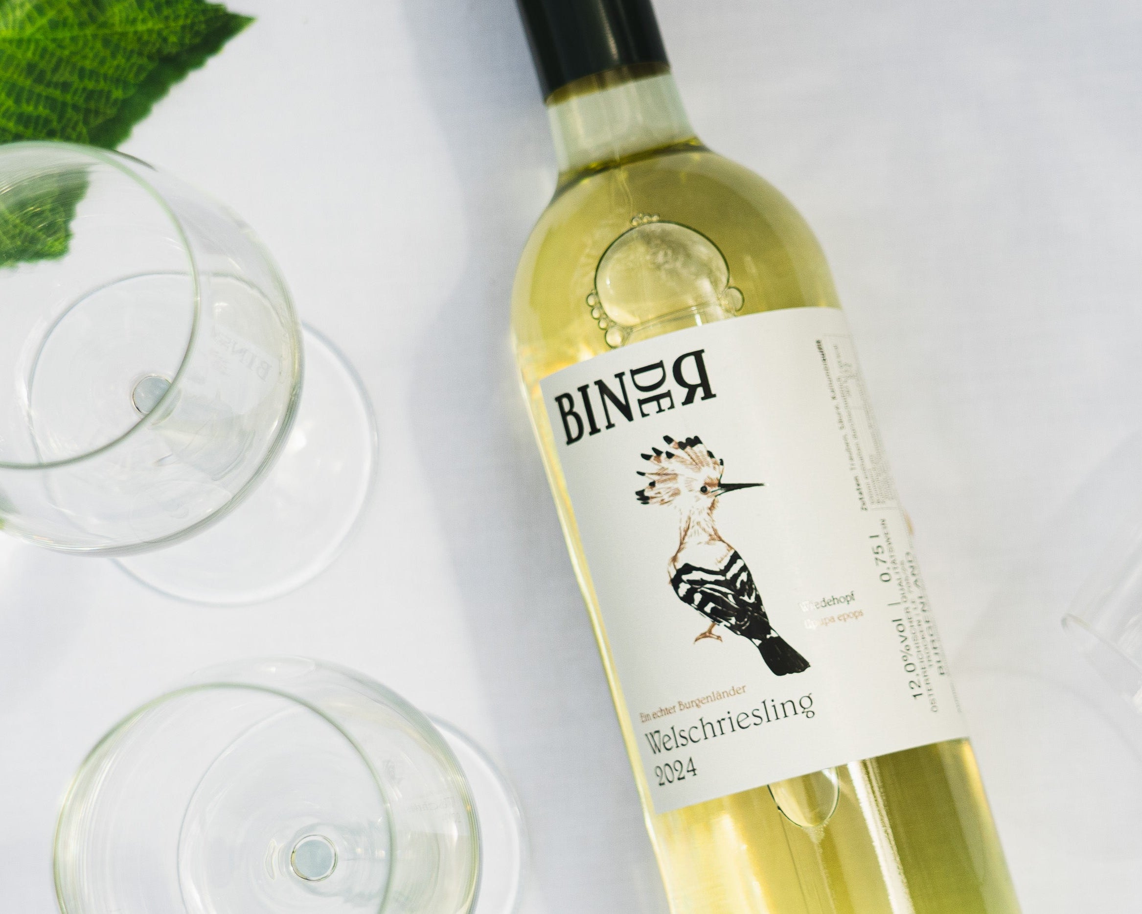 Welschriesling vom Weingut Binder aus Mörbisch am See, Neusiedlersee, Burgenland, Österreich. Auf der Etikette der Weinflasche ein Wiedehopf.
