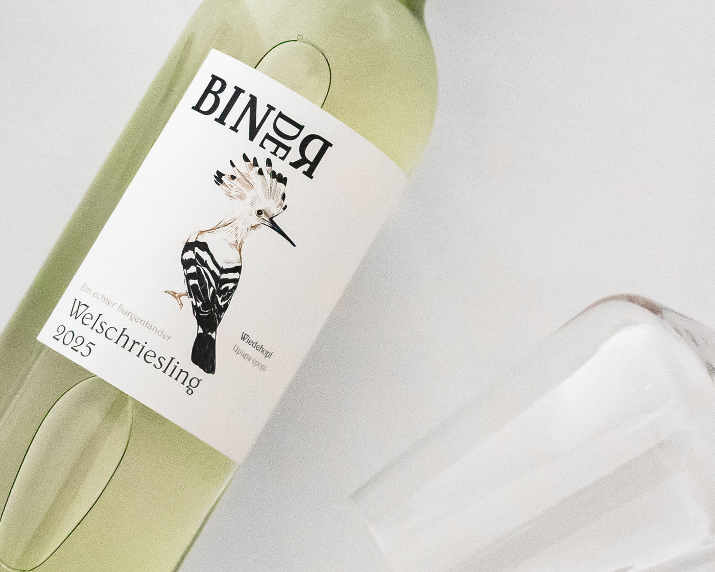 Welschriesling vom Weingut Binder aus Mörbisch am See, Neusiedlersee, Burgenland, Österreich. Trockener Weißwein. Auf der Etikette der Weinflasche ein Wiedehopf.