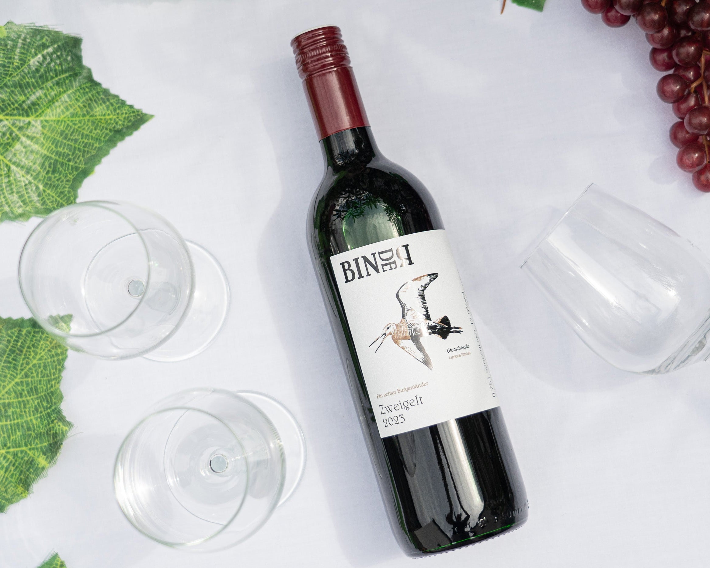 Zweigelt vom Weingut Binder aus Mörbisch am See, Neusiedlersee, Burgenland, Österreich. Auf der Etikette der Weinflasche eine Uferschnepfe.